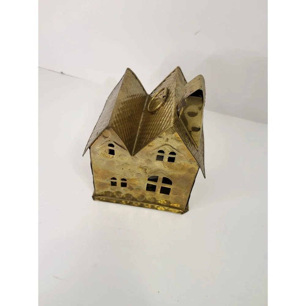Vintage Brass Metal House Tea Light Candle Holder Gold Decorative Lantern 6.5in